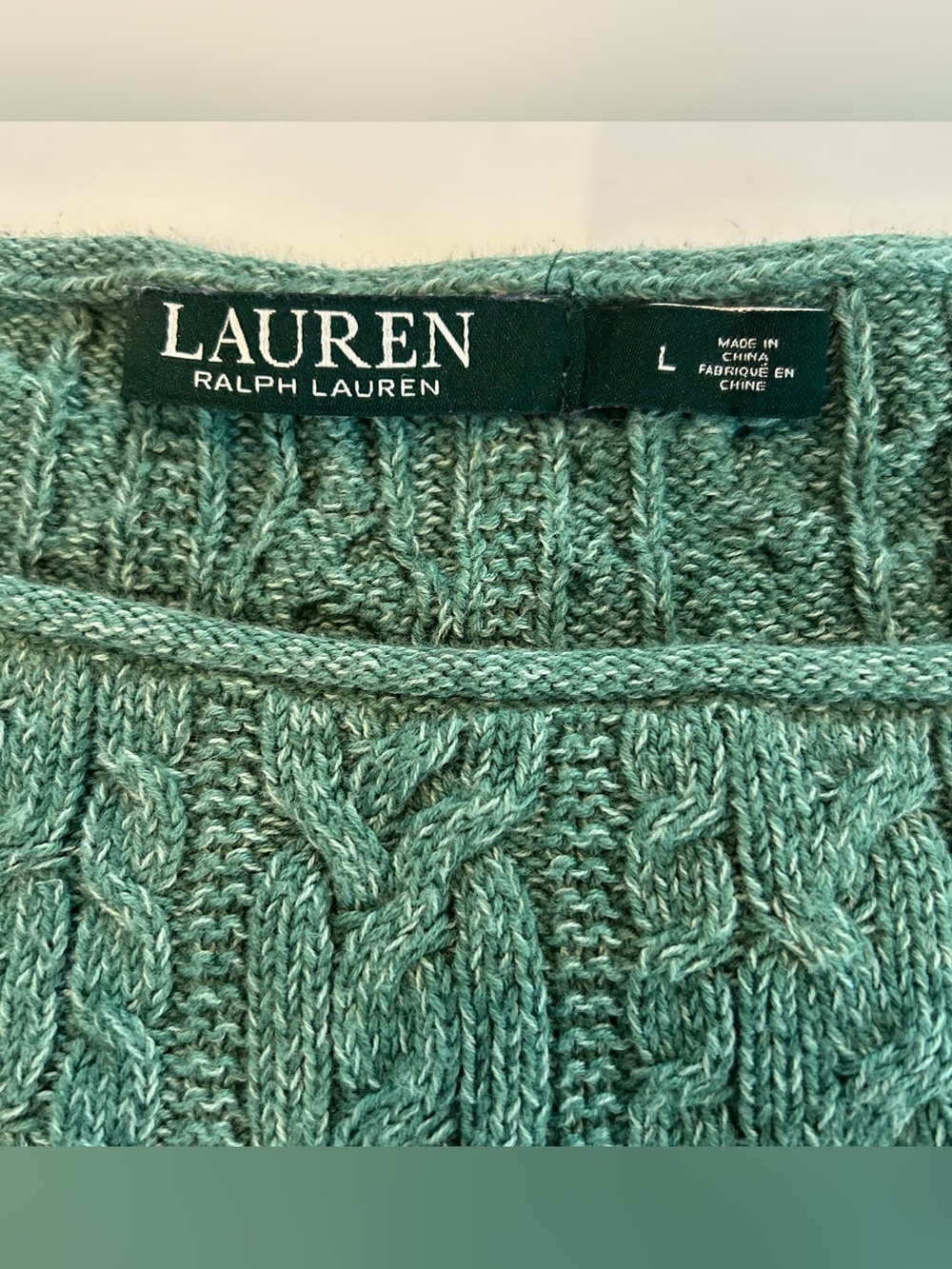 Lauren Ralph Lauren – Women’s L – Green 100% Cotton Cable Knit Boatneck Sweater - Picture 3 of 8